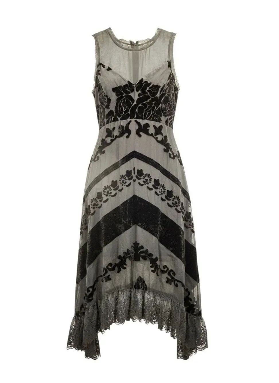 VINTAGE Y2K GOTH Black VELVET Burnout DEVORE Assymetrical DRESS MESH LACE TRIM S